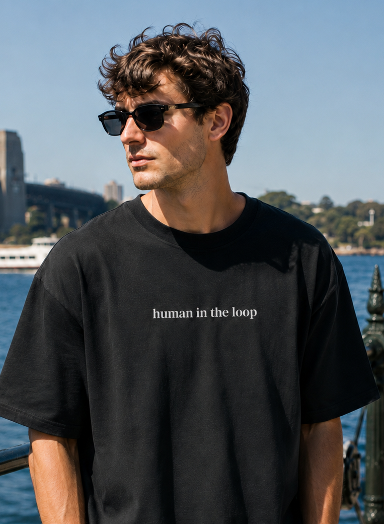 Human in the Loop oversized AI tee on model