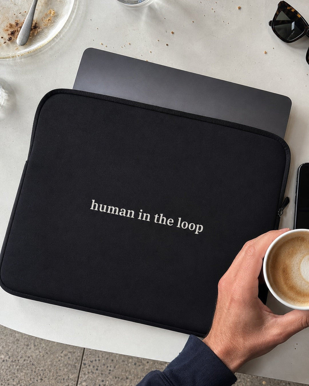 Human in the Loop Laptop Sleeve, worn and used