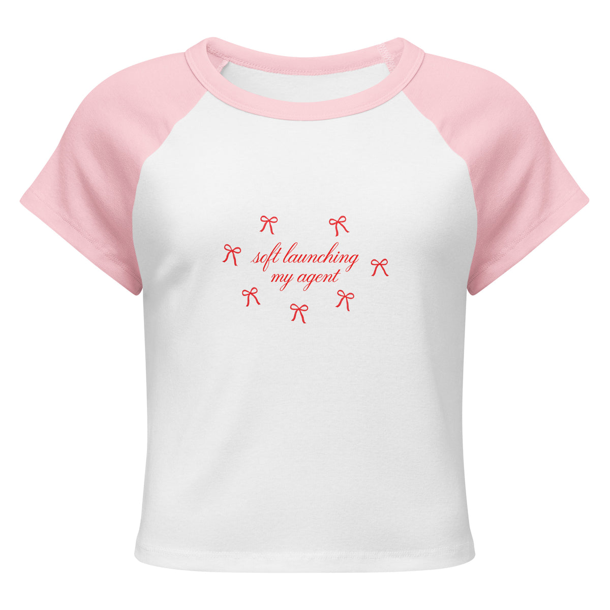 Soft Launching My Agent Raglan Baby Tee in White/Pink